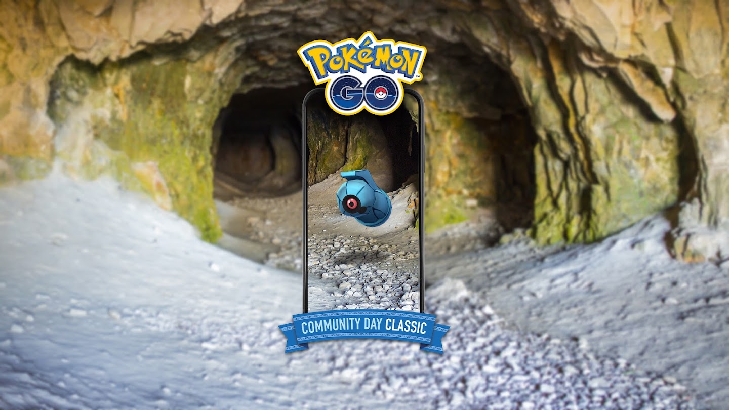 Beldum in a cave with the Pokemon Go logo and the banner for 