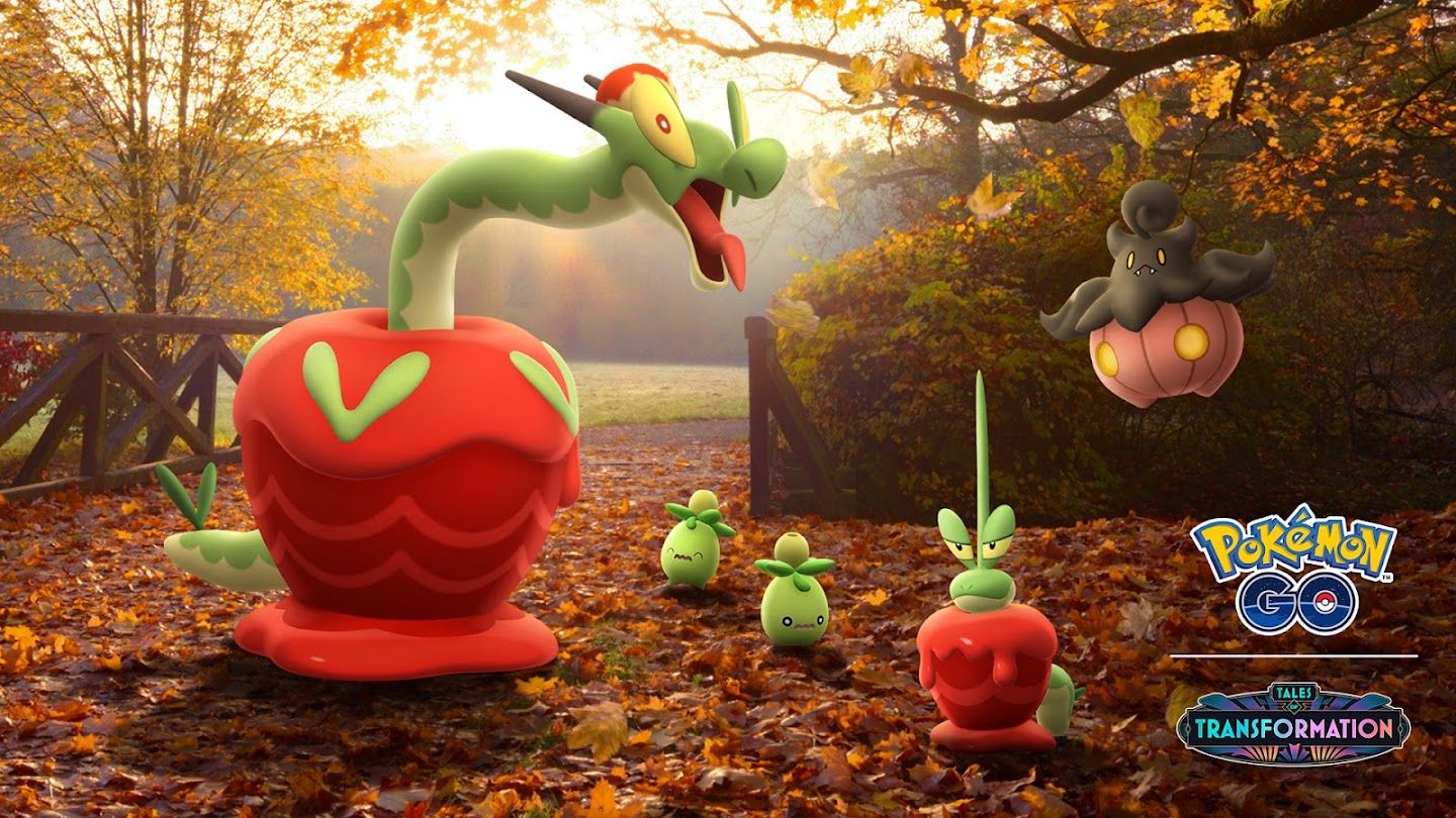 Dipplin and Hydrapple with Smolive and Pumpkaboo in a fall-themed background