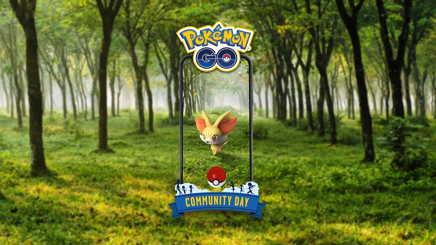 A phone with Fennekin inside with a Pokéball. The logo for Pokémon Go appears along with the 