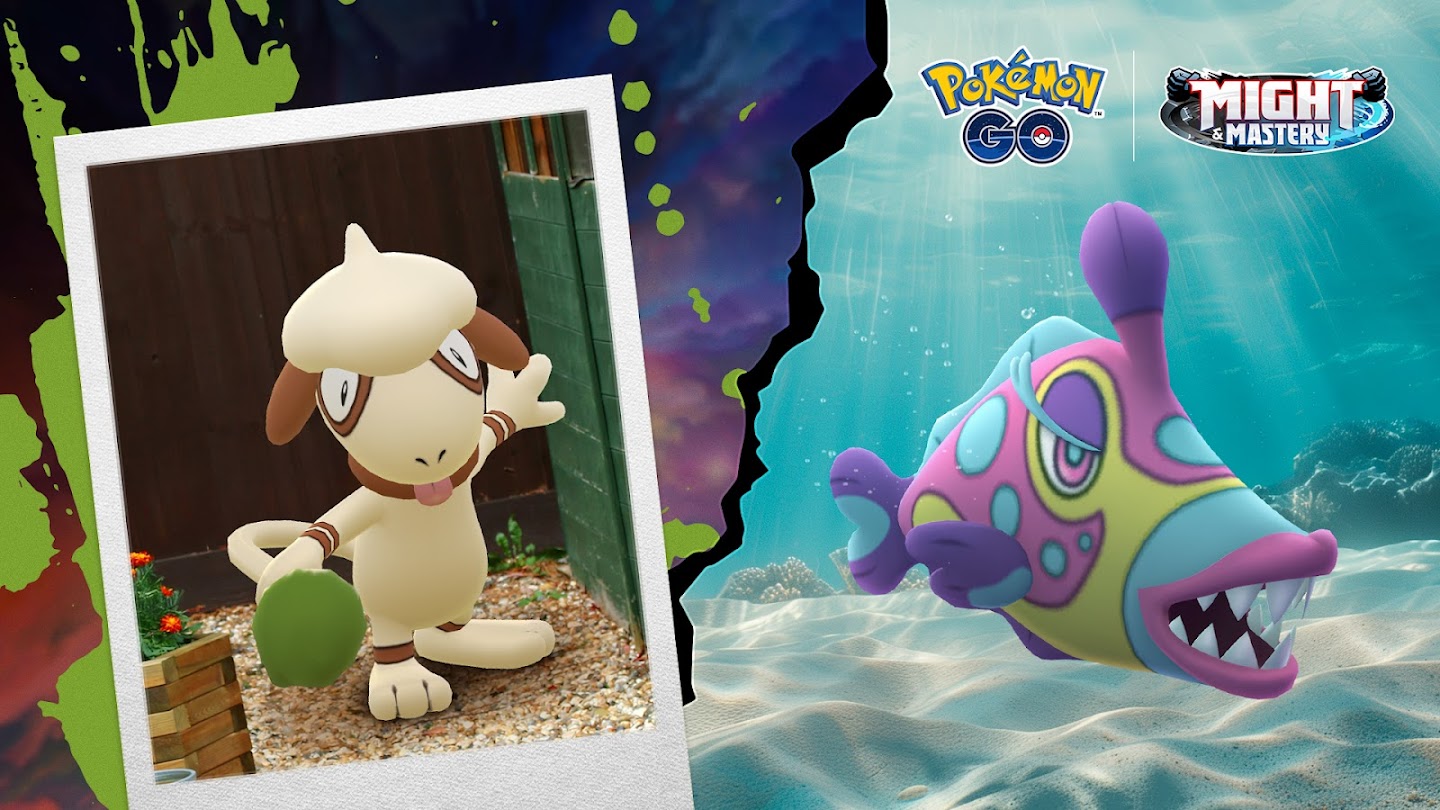 Smeargle in a photograph and Bruxish underwater for the Pokemon Go Festival of Colors Event