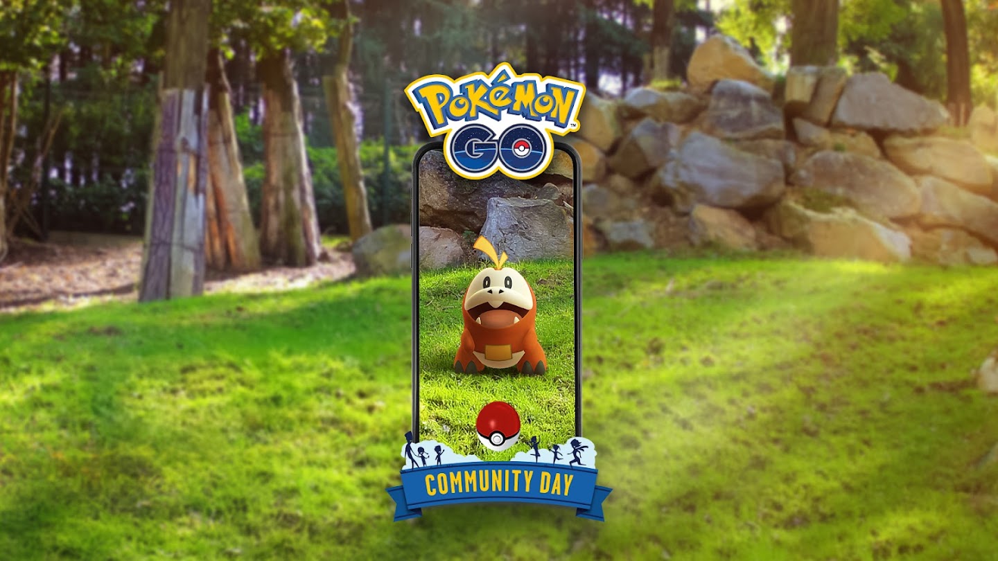 Fuecoco in a nice landscape with the Pokemon Go and Community Day Logos