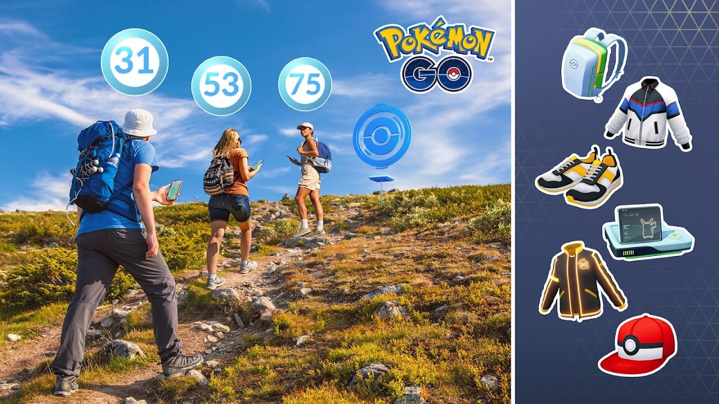trainers exploring a hill side with their phones heading towards a Poke Stop in the distance. They have their current level shown above their heads. Additional avatar items are displayed next to them