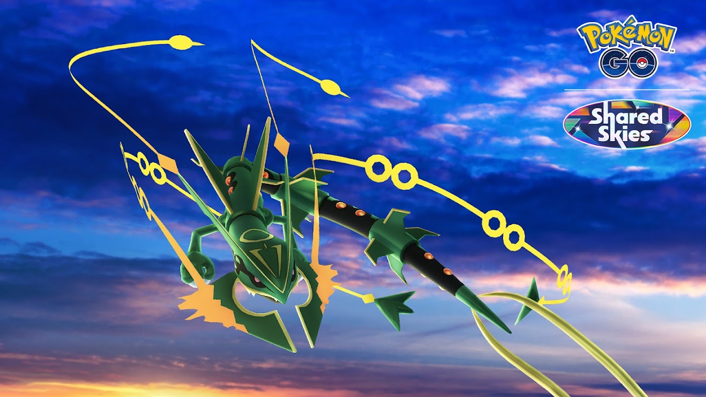 Mega Rayquaza from Pokemon GO on a beautiful sky background