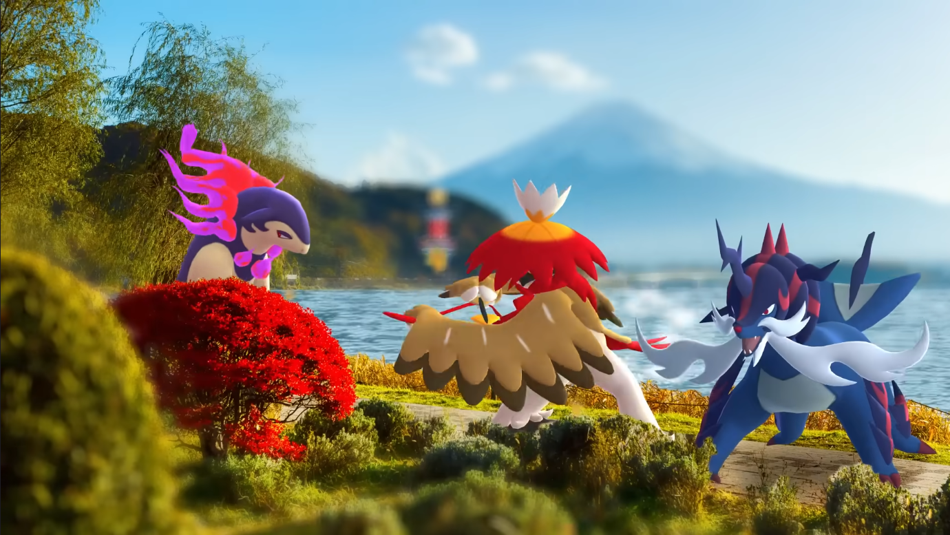 Hisuian Typhlosian, Samurott, and Decidueye in front of some water for the new Timeless Travels Pokemon Go season