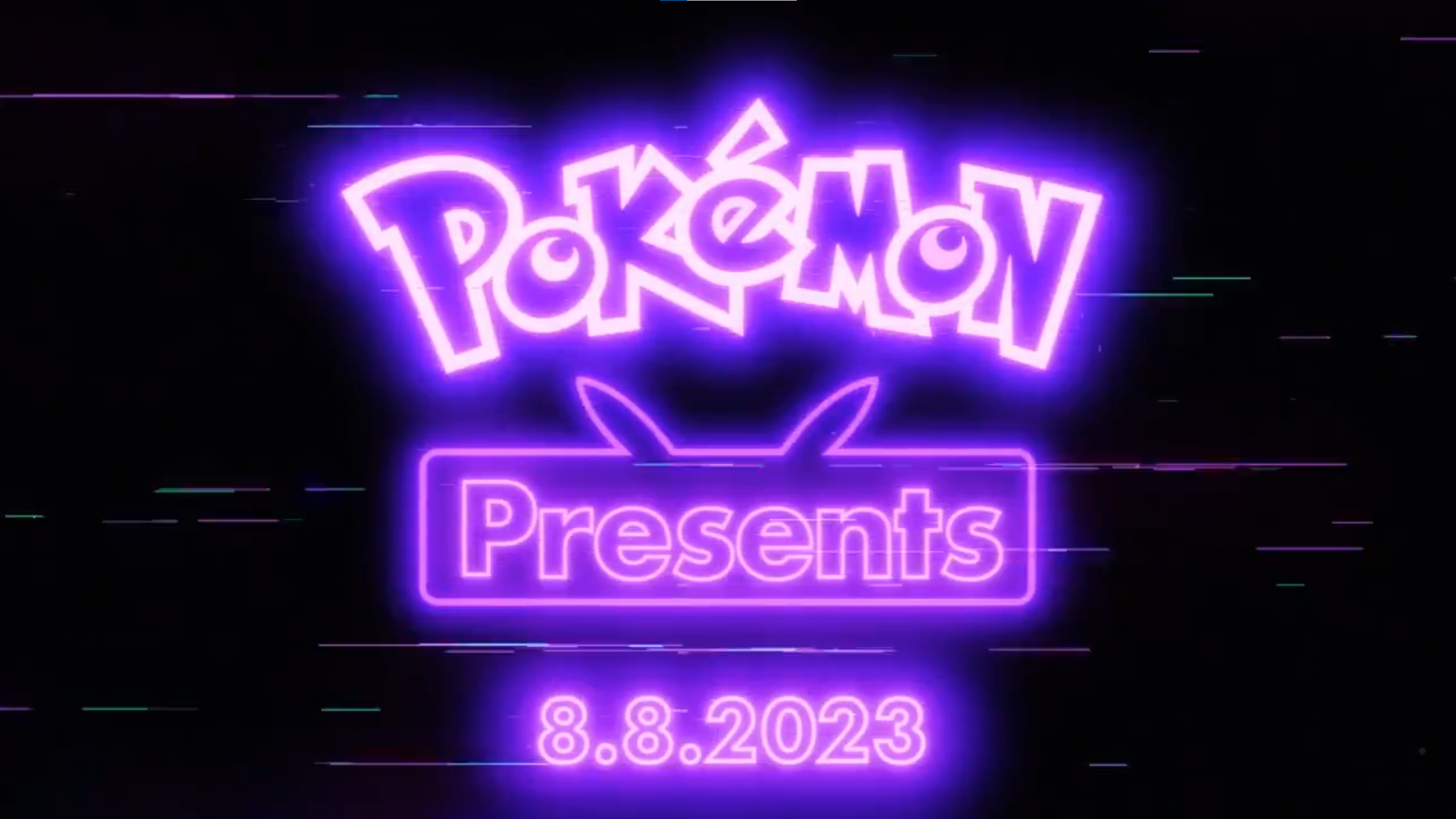 An advertisement for the Pokémon Presents on a black background with neon purple lettering