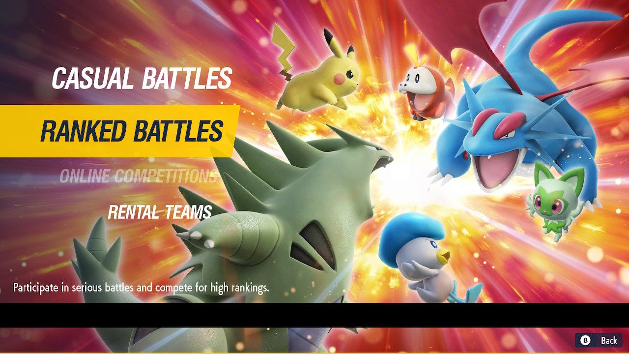 Tyranitar and Salamence clashing with Pikachu, Quaxly, Sprigatito, and Fuecoco advertising Ranked Battles
